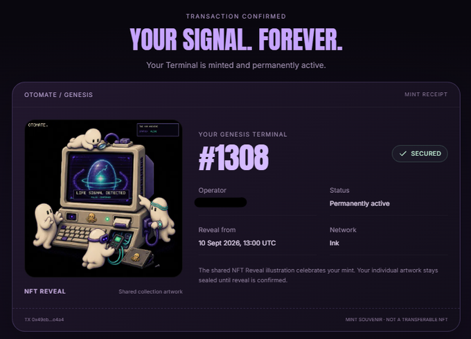 An NFT mint confirmation screen displaying 'YOUR SIGNAL. FOREVER.' with a Genesis Terminal artwork and the mint number '#1308'.