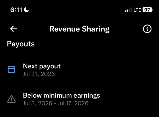 A mobile app screen showing a Revenue Sharing payouts dashboard from the platform X with the next payout scheduled for Jul 31, 2026 and a note about below minimum earnings.