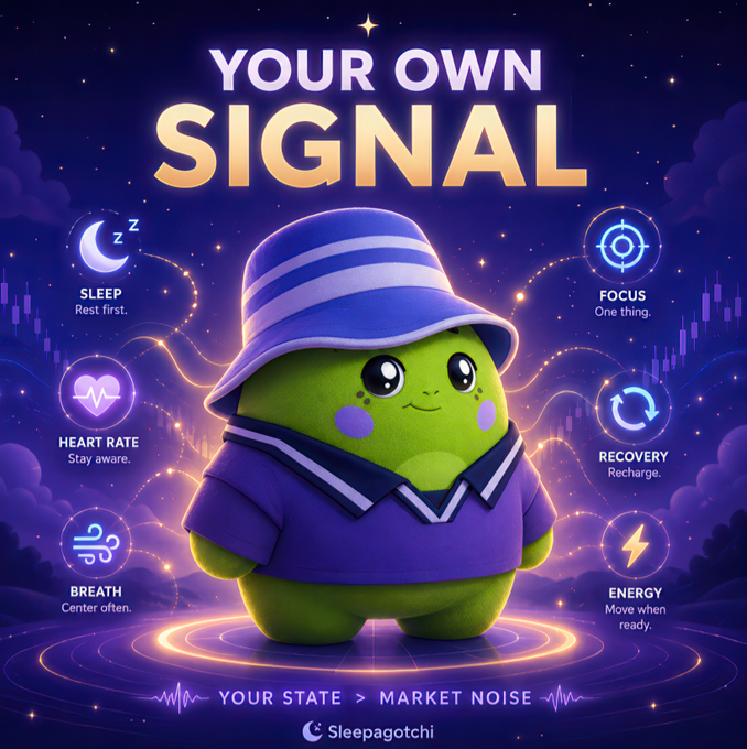 A cute green mascot wearing a blue bucket hat and outfit stands against a starry purple night sky, surrounded by six wellness icons labeled "SLEEP," "FOCUS," "HEART RATE," "RECOVERY," "BREATH," and "ENERGY," with the headline "YOUR OWN SIGNAL" and tagline "YOUR STATE > MARKET NOISE" promoting Sleepagotchi's message that understanding your personal state matters more than market noise.