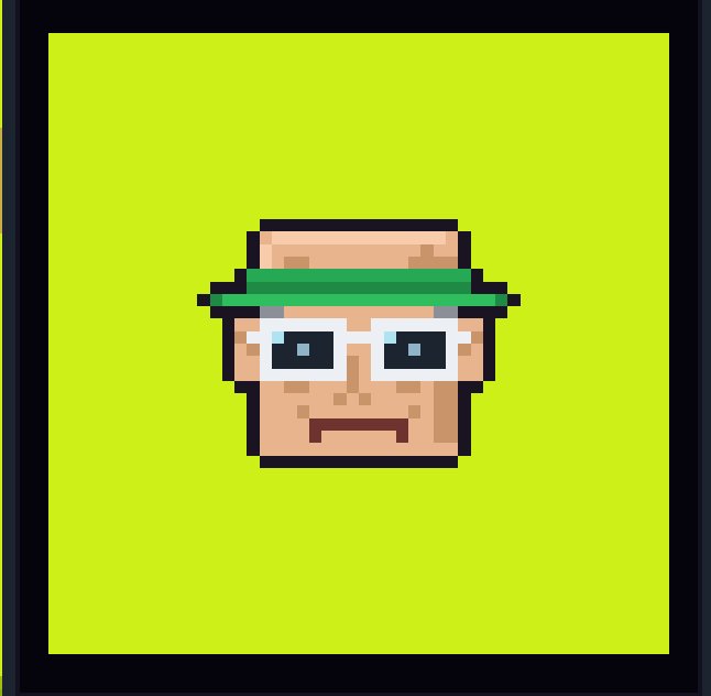 A pixel-art portrait of a bald man with a green headband and white-framed glasses on a bright yellow background with a black border.
