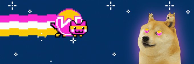 A pixel art animation shows a pink and yellow character (Nyan Cat) with a Pop-Tart body flying through space with a rainbow trail, alongside a real Shiba Inu dog (Doge meme) with two small cats on its head and glowing pink eyes.