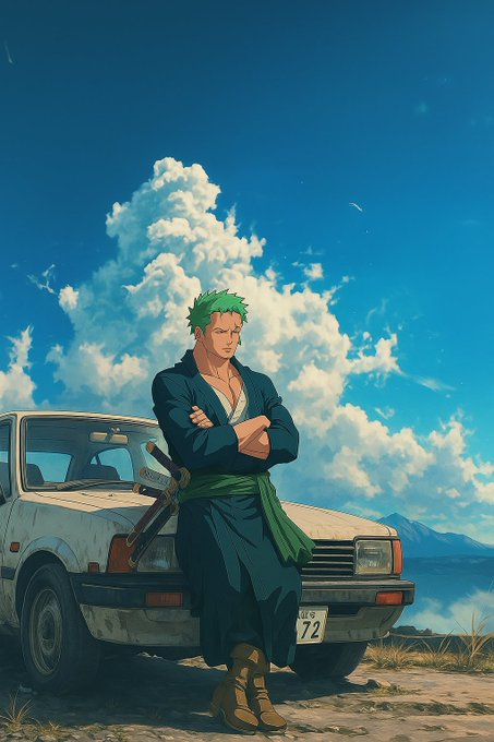 The image features a man dressed in a green outfit, standing next to an old car with a license plate that reads "72". The man appears to be posing for the photo while leaning against the car. In the background, there are mountains visible under a blue sky filled with clouds. The post is titled "Good Afternoon GA Fam! Hope your day is going productive and peaceful @wallchain", which suggests it might be related to a social media platform or personal blog where people share their daily experiences and thoughts.