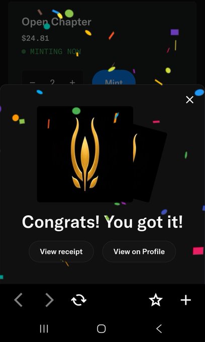A mobile app screen showing 'Congrats! You got it!' with a gold logo, below an 'Open Chapter' listing priced at $24.81 marked 'MINTING NOW'.