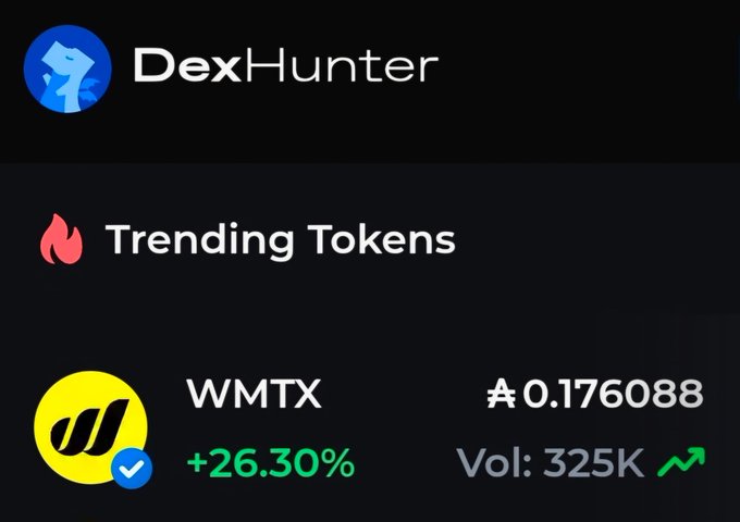 DexHunter trending tokens showing WMTX at ₳0.176088 with a +26.30% gain and 325K trading volume, highlighting significant upward momentum for the token.