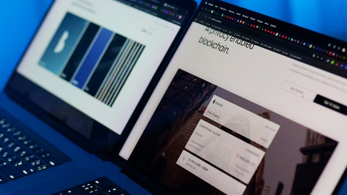 Over-the-shoulder view of two laptop screens showing cryptocurrency wallet interfaces, including a Metamask window with options to buy, swap, and bridge, and another screen titled 'A privacy-enabled blockchain'.