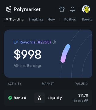 A screenshot showing an LP Rewards dashboard on Polymarket with "$998 All-time Earnings" displayed for #2755, along with a recent $11.78 Liquidity reward from 15 hours ago, illustrating the poster's near-milestone of reaching $1,000 in LP rewards after 94 days of providing liquidity.