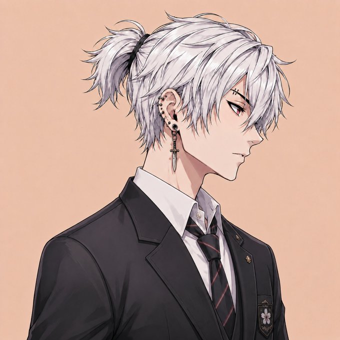 A side profile of an anime-style character with silver-white hair tied in a small ponytail, wearing a black suit with a striped tie, cross-shaped earrings, and a forehead stitch mark, set against a peach background — serving as the revealed "Kenji Origins 1 of 1" NFT preview mentioned in the post about the project mint going live.