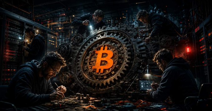 An AI-generated image of workers repairing a large mechanical Bitcoin gear with tools in a dark industrial setting.