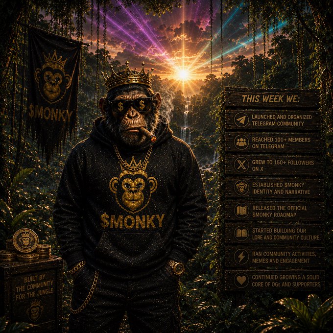 A promotional graphic for '$MONKY' featuring a crowned chimpanzee wearing sunglasses and a hoodie with the $MONKY monkey logo, set in a jungle scene. A 'THIS WEEK WE:' checklist details milestones like launching a Telegram community, reaching 100+ members, and growing to 150+ followers on X.
