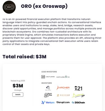 Information page for ORO (ex Oroswap), an AI-powered financial execution platform, showing total raised $3M with investors including BlackRock, ARCHER, S21, and ZIGChain.