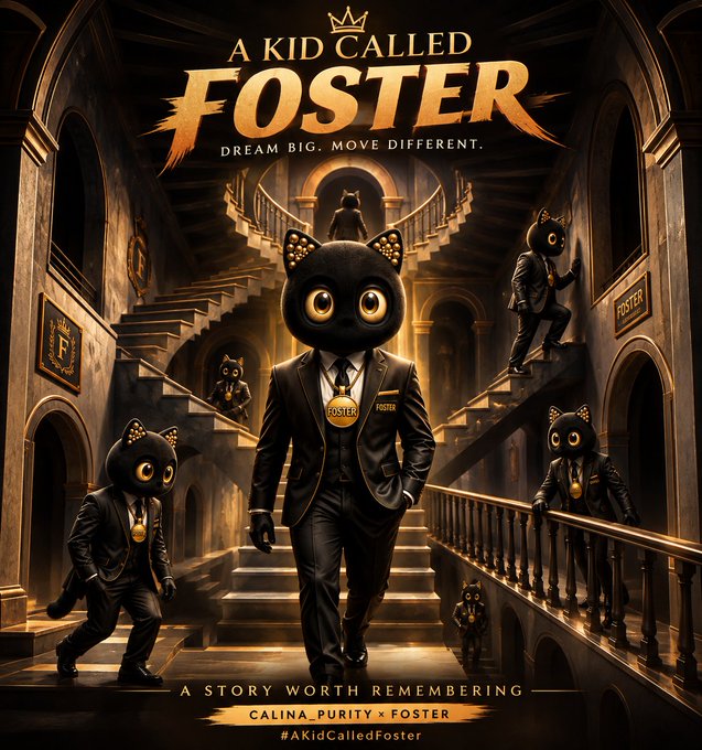 A stylized promotional poster titled "A KID CALLED FOSTER" with the tagline "DREAM BIG. MOVE DIFFERENT." features cat-headed figures in black suits on a grand staircase, with text "CALINA PURITY X FOSTER" and "#AKidCalledFoster" at the bottom.