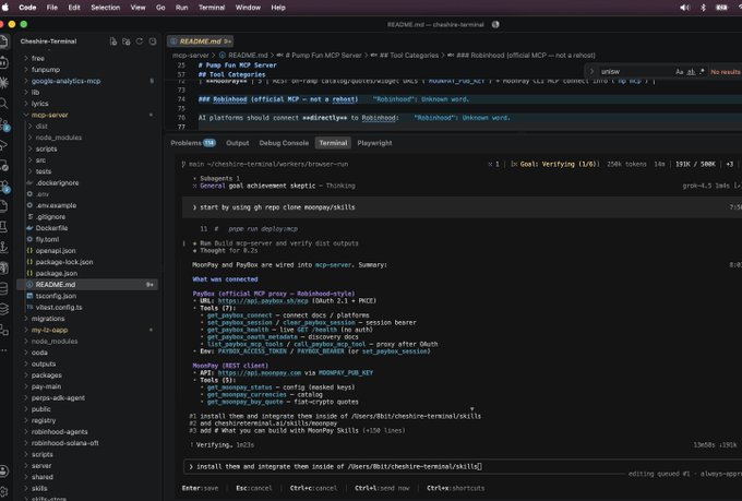A code editor (VS Code) displays a script related to 'mcp-server' and 'README.md' with terminal output for npm clone moongyu/skills, showing setup instructions for the NoonBev MCP proxy.