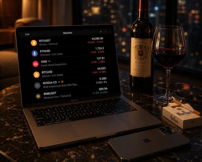 The image shows a laptop computer with Bitcoin, Etherium, and other cryptocurrencies displayed on its screen. A wine glass filled with red wine sits next to the laptop, while a cigarette pack is placed nearby. The scene suggests that someone might be watching the market from the sidelines or taking a break during their crypto trading activities. The post about Bitcoin and Etherium seems to be related to this image, as it discusses the potential opportunities presented by these digital assets in the current market conditions.

The presence of a wine glass and cigarette pack indicates that the person might be enjoying some leisure time while monitoring the markets or discussing investment strategies with others through the laptop screen. The overall atmosphere appears relaxed yet focused on the crypto world, where one can find both opportunities and risks to navigate.