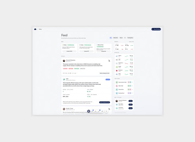 A clean, minimal web dashboard for Conviction's "Feed" platform displays curated trading insights—including a top-down Ethusdt Perpetuals short idea with a -24.4% drop and a TSMC revenue AI post—alongside a portfolio showing BTC, ETH, and SOL metrics, reflecting the product's ability to surface and track natural-language trading strategies in a clear, immediate interface.