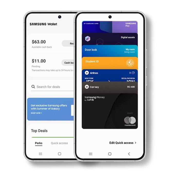The image displays two smartphones showing the Samsung Wallet app interface, with one screen revealing cash back balances of "$63.00" available and "$11.00" pending, while the other showcases digital assets including a Samsung Pay card, Digital assets section, Door lock, Student ID, travel tickets for New York/Seoul/Incheon, a Car key (RC-400), and a Samsung Money by SoFi debit Mastercard. This relates to the post by demonstrating the current Samsung Wallet interface that will soon incorporate stablecoin support, such as Circle's USDC, as announced at the Galaxy Unpacked event.