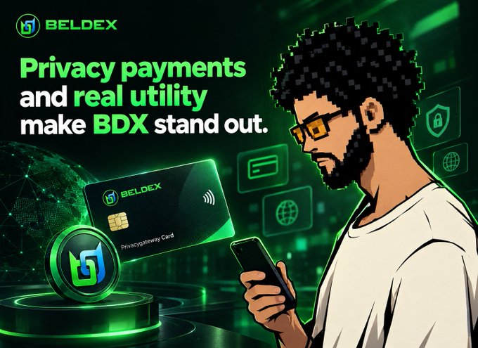A pixel-art illustration of a bespectacled man using his phone alongside a Beldex "Privacygateway Card," promoting the tagline "Privacy payments and real utility make BDX stand out," visually echoing the post's message about $BDX expanding beyond a tradable token into practical, everyday payment utility.
