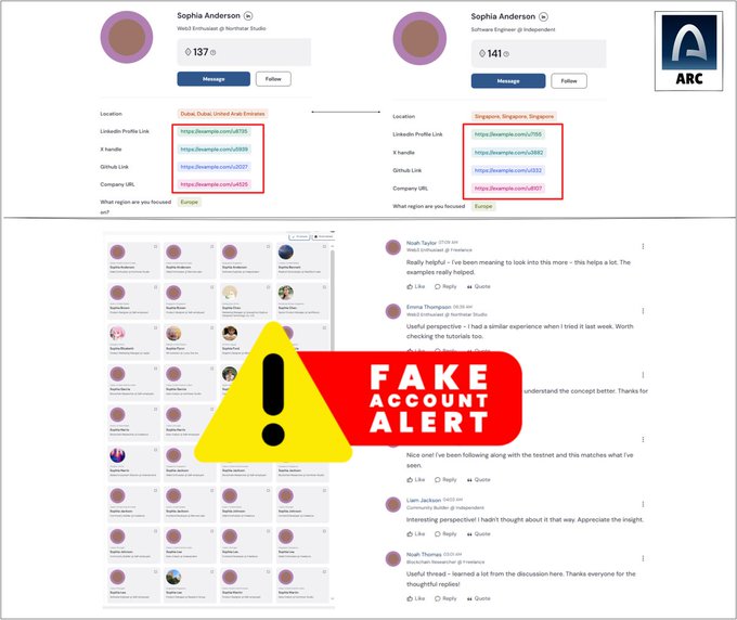 A graphic warning about a 'FAKE ACCOUNT ALERT' showing two nearly identical 'Sophia Anderson' profiles with different IDs and a grid of duplicate-looking accounts below.