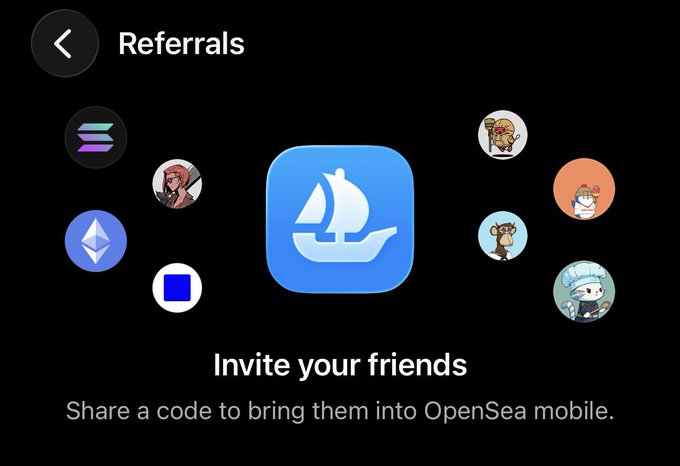 The image shows an OpenSea mobile app "Referrals" screen featuring the tagline "Invite your friends" with text stating "Share a code to bring them into OpenSea mobile." This directly supports the post's offer to share referral codes for the OpenSea mobile app, displayed alongside various NFT collection icons.
