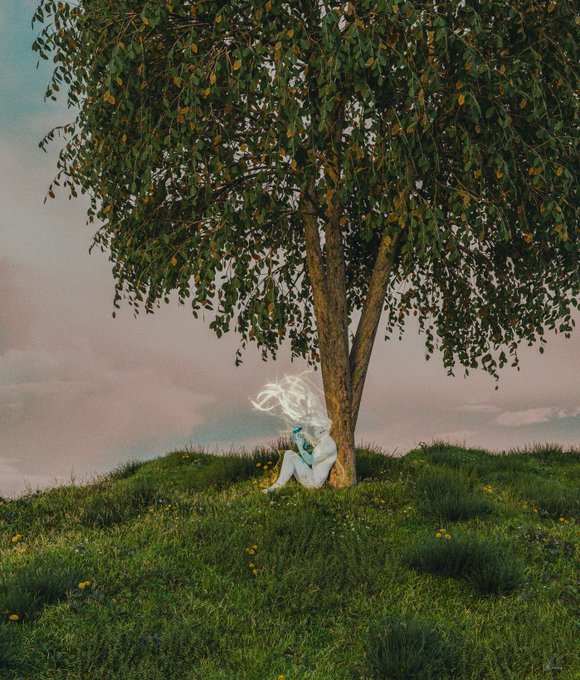 A surreal digital artwork showing a white-haired figure in a blue outfit sitting under a large leafy tree on a grassy hill against a cloudy, pastel-colored sky.