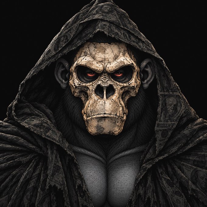 A dark, hooded skeletal figure with glowing red eyes and a textured skull face emerges from shadowed robes.