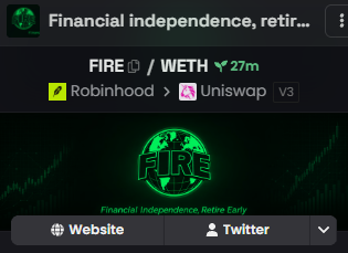 A DEXScreener-style token profile for "FIRE / WETH" showing a 27m metric, listed via Robinhood/Uniswap v3, with the tagline "Financial Independence, Retire Early" — matching the post's update about $FIRE on DEXScreener.