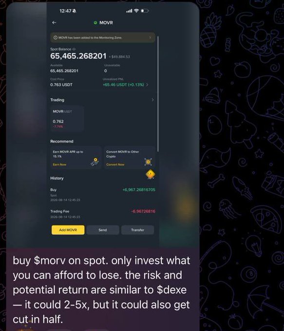 A mobile screen showing MOVR token balance with a caption advising to buy $morv on spot.