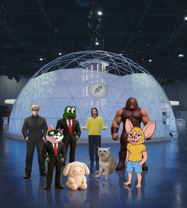 Mark Zuckerberg stands in a yellow sweater in front of a large dome structure surrounded by various cartoon characters, meme figures, and a Shiba Inu dog that have been edited into the photo.
