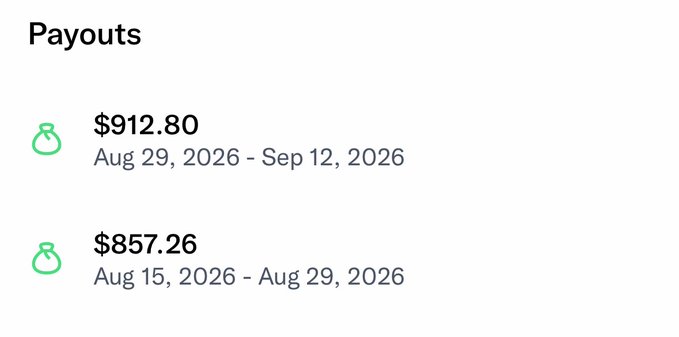 A Payouts screen showing two transaction entries: $912.80 for Aug 29, 2026 - Sep 12, 2026, and $857.26 for Aug 15, 2026 - Aug 29, 2026.