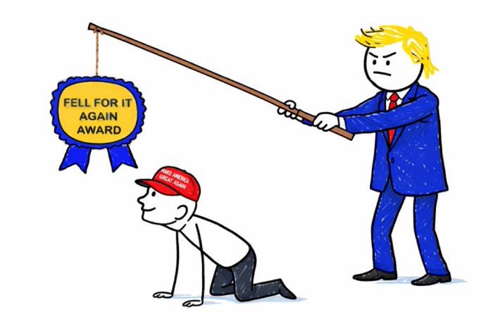 A political cartoon showing a figure resembling Donald Trump dangling a 'Fell For It Again Award' ribbon over a kneeling man wearing a 'Make America Great Again' hat.