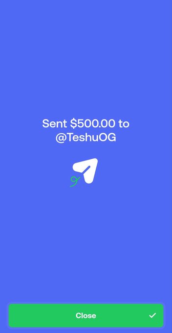 iphone screen displays a message for sent $500,000 to #TECHUOG on a blue background with white text and an arrow pointing upwards.