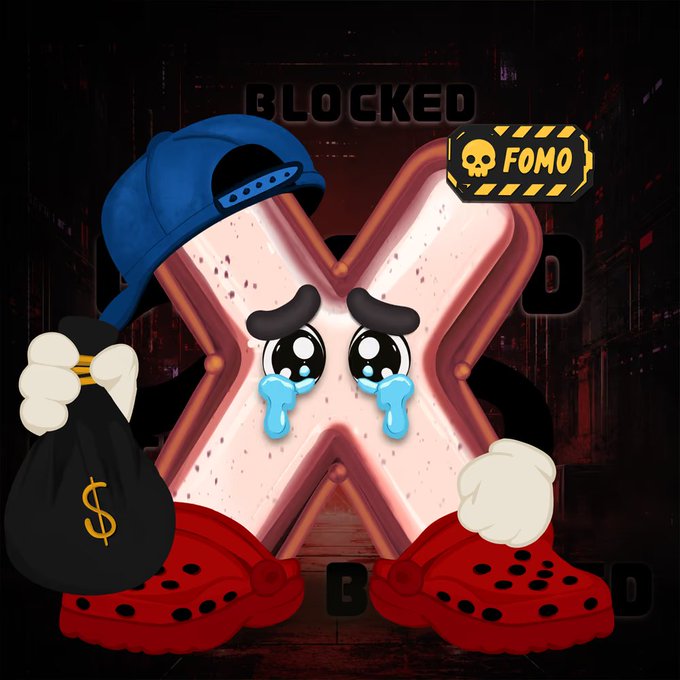 A cartoon illustration of an anthropomorphic X-shaped character wearing a blue backward cap and red Crocs, crying while holding a black money bag with a yellow dollar sign, next to a 'FOMO' warning sign.