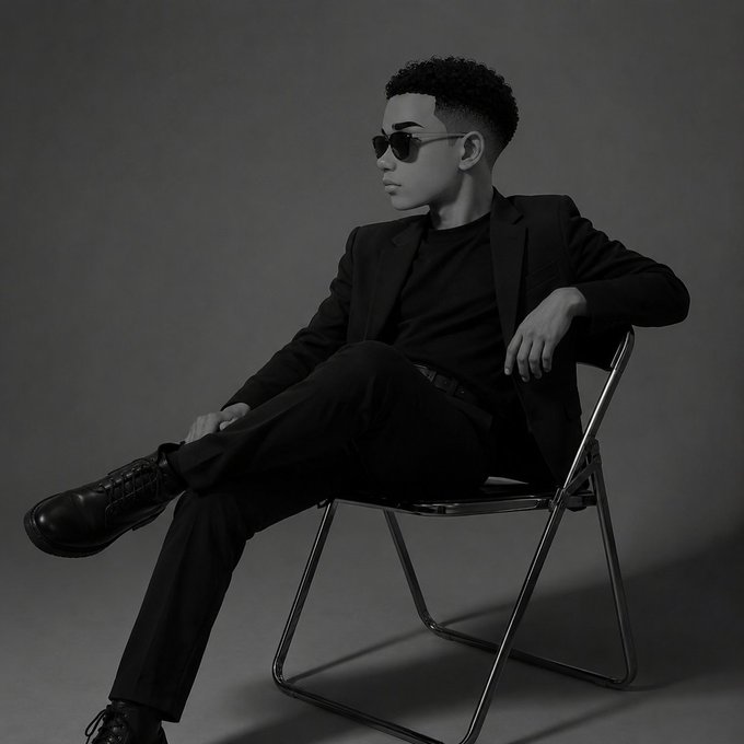 The image features a young man sitting in a chair, wearing a suit and sunglasses. The background appears to be a gray color, which contrasts with the black and white tones of the photo. There are no texts or other objects present in the image.