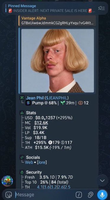 A Telegram channel screenshot displays the "Vantage Alpha" pinned message with a Bot Tracker for token "Jean Phil ($JEANPHIL)" featuring a meme image of a man with a bowl haircut. The stats show the token pumped 295% to $12.6K MC with $3.4K liquidity, supporting the accompanying post's claim of a massive gain from 12K to 3M market cap.