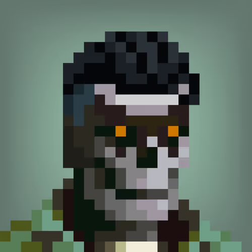 Pixel art portrait of a character with dark hair, glowing orange eyes, and a green and brown outfit, set against a teal background.