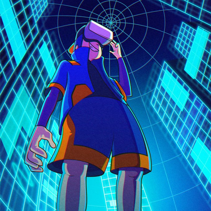 A stylized illustration shows a person wearing a VR headset, viewed from below against a cyberpunk-style backdrop of glowing blue skyscrapers and a spiderweb pattern, evoking immersion in a digital world. The scene visually reinforces the post's suggestion to scan or search the "X" button, with the figure appearing to explore a futuristic virtual environment.
