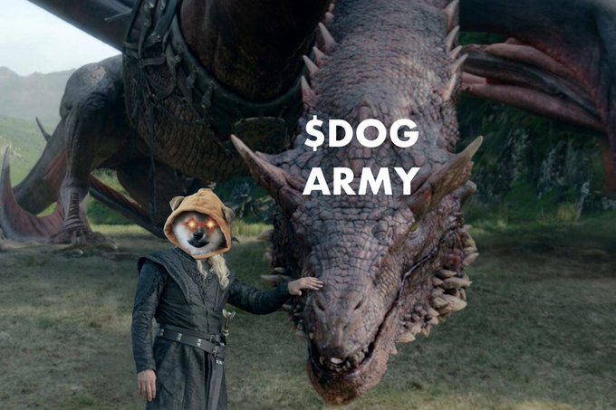 An edited image of Daenerys from Game of Thrones petting a dragon, with her face replaced by a Shiba Inu dog wearing a hat, labeled '$DOG ARMY'