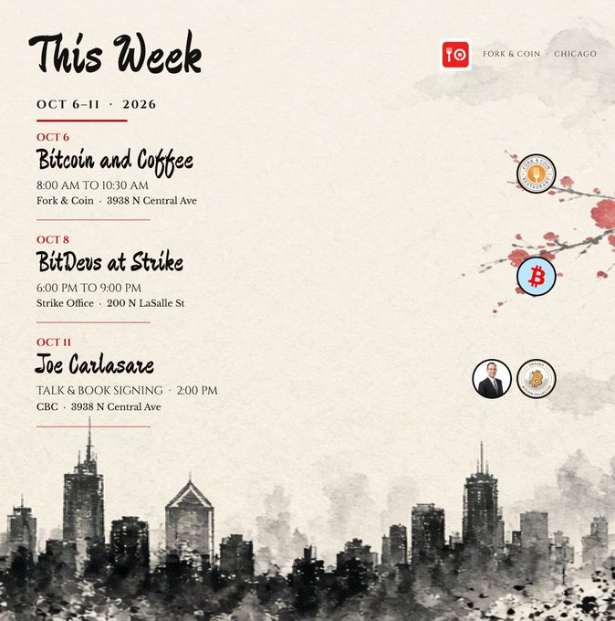 An event poster titled 'This Week' dated 'OCT 6-11 · 2026' for 'FORK & COIN · CHICAGO' listing 'Bitcoin and Coffee' on Oct 6 at 8:00 AM, 'BitDevs at Strike' on Oct 8 at 6:00 PM, and 'Joe Carlasare' on Oct 11 at 2:00 PM, decorated with a Chicago skyline silhouette and cherry blossoms.