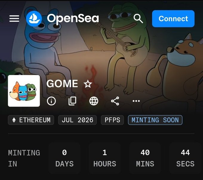 OpenSea NFT collection page for 'GOME' on Ethereum, marked as 'Minting Soon' with a countdown of 0 days, 1 hour, 40 minutes, 44 seconds, set for July 2026.