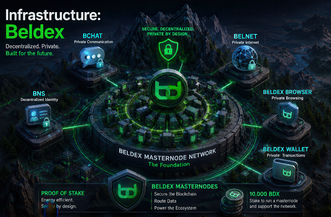 Promotional graphic for 'Infrastructure: Beldex' highlighting its decentralized private features including BCHAT, BELNET, BNS, BELDEX BROWSER, and BELDEX WALLET, built on the Beldex Masternode Network.