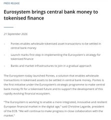 A press release article titled 'Eurosystem brings central bank money to tokenised finance' dated 21 September 2020, discussing Eurosystem initiatives for wholesale tokenised asset settlements and central bank money on blockchain.