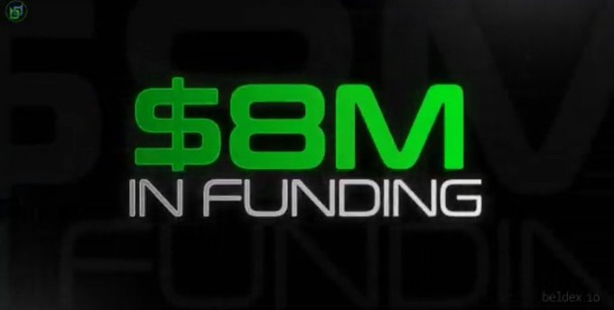 A Beldex promotional graphic displays '$8M IN FUNDING' in bold green text with beldex.io in the corner.
