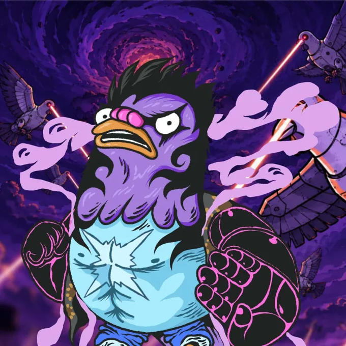 A fierce purple chicken warrior with a star-emblazoned chest guards a swirling purple vortex as robotic owls fire pink lasers around it, fitting the giveaway theme for a Wingston NFT free mint by Rally.