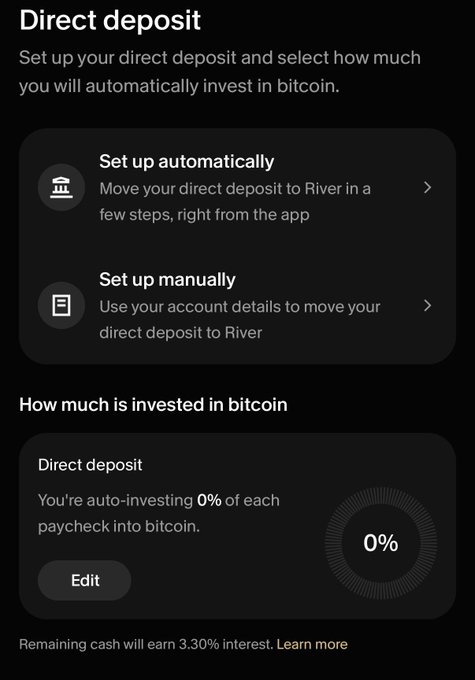 A mobile app screenshot titled 'Direct deposit' showing options to 'Set up automatically' and 'Set up manually' for investing in bitcoin, currently showing '0%' auto-invested.