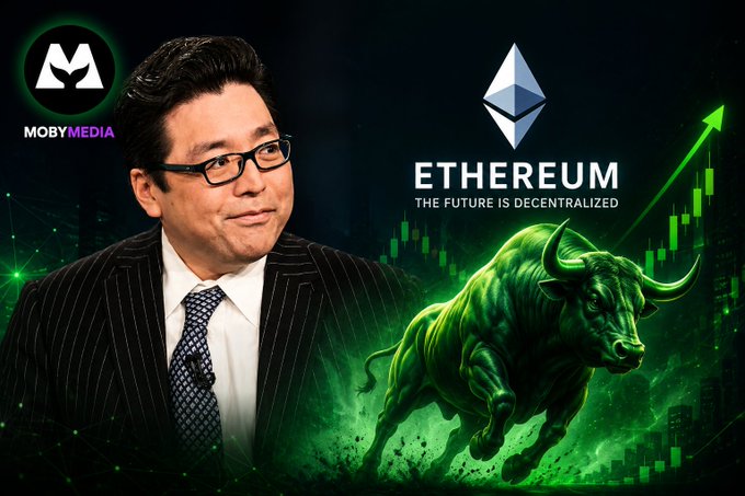 A YouTube-style thumbnail from Moby Media features a man in a pinstripe suit next to an Ethereum logo, a charging green bull, and the text 'ETHEREUM THE FUTURE IS DECENTRALIZED'.