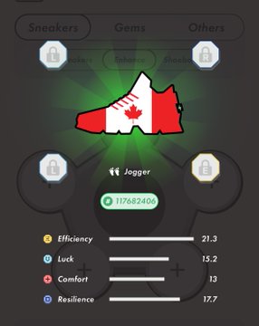 A STEP'N app screenshot showing a Jogger sneaker with a Canadian flag background, displaying stats: Efficiency 21.3, Luck 15.2, Comfort 13, Resilience 17.7, and a score of 117682400.