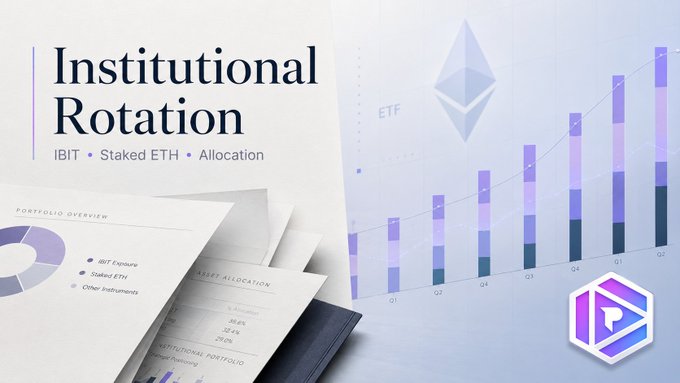 A promotional graphic titled "Institutional Rotation" highlighting IBIT, Staked ETH, and Allocation, featuring portfolio overview charts and a rising Q1-Q2 bar graph, visually reinforcing the article's point about Intesa Sanpaolo's 13F filing showing a 93.7% drop in IBIT shares from Q1 to Q2 rather than a complete Bitcoin exit.