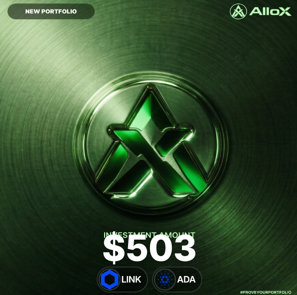 A promotional graphic from Allox announcing a new portfolio with a $503 investment amount in LINK and ADA cryptocurrencies, featuring a green metallic logo and the hashtag #PROVEYOURPORTFOLIO.