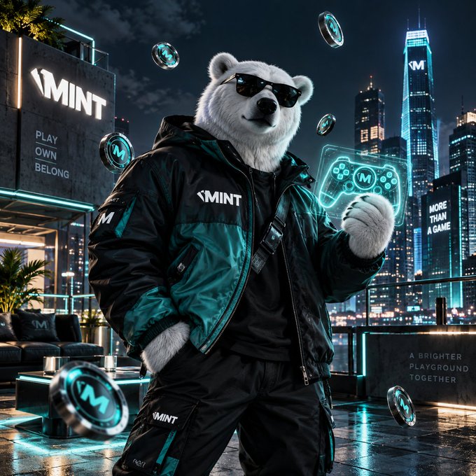 An anthropomorphic white bear wearing sunglasses and a black and teal jacket branded with 'MINT' holds a holographic game controller in a futuristic cityscape.