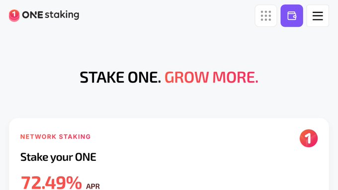 The image shows the ONEstaking platform homepage featuring the tagline "STAKE ONE. GROW MORE." and a Network Staking section displaying a 72.49% APR for staking ONE, which visually reinforces the post's message about effortless passive rewards without requiring users to run servers or learn technical setup.