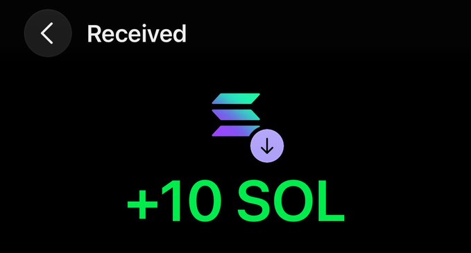 A digital wallet screen displaying a "+10 SOL" receipt with the Solana logo, illustrating the airdrop received from @blknoiz06.